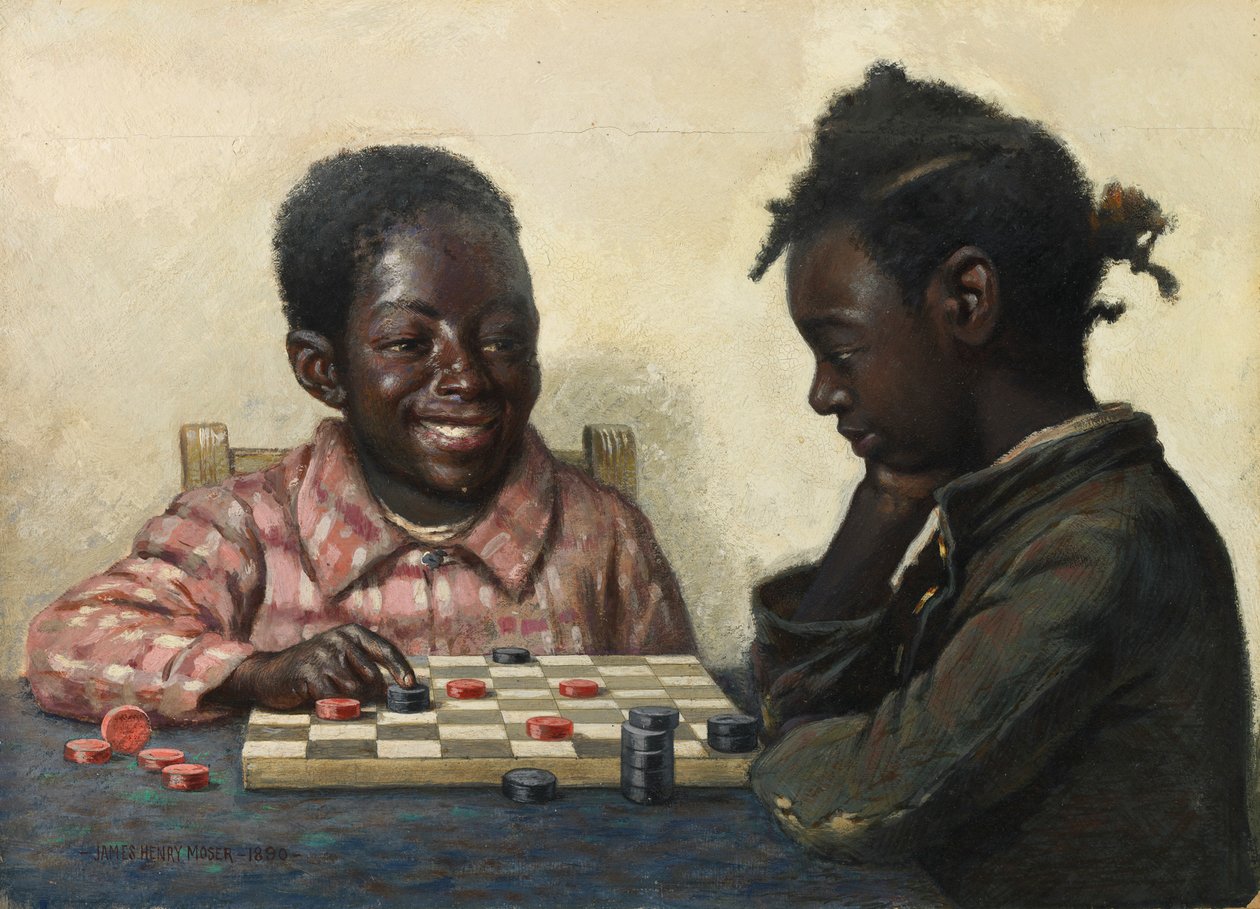Bez názvu Dvě děti hrající dámu, konec 19.-začátek 20. století. od James Henry Moser