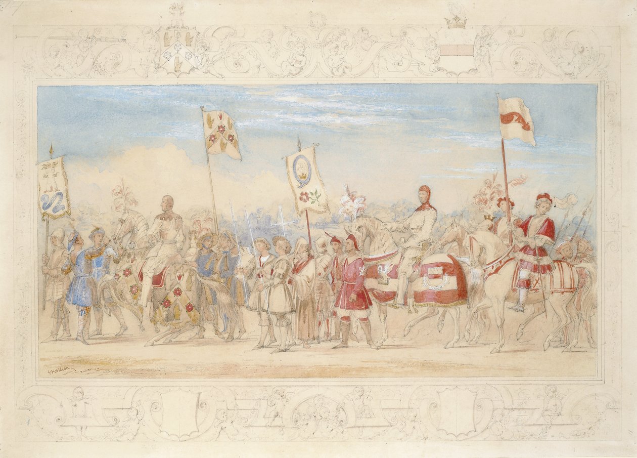 Sir Francis Hopkins Bt., rytíř z Hořící věže a Richard Lechmere, rytíř z Rudé růže Růže z Lancasteru, 1839 (tužka, wc a kvaš na papíře) od James Henry Nixon