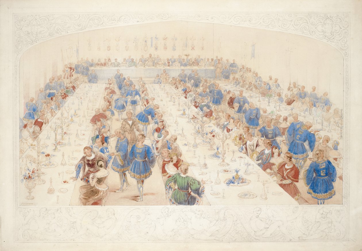 The Banquet, 1839 (tužka, wc a kvaš na papíře) od James Henry Nixon