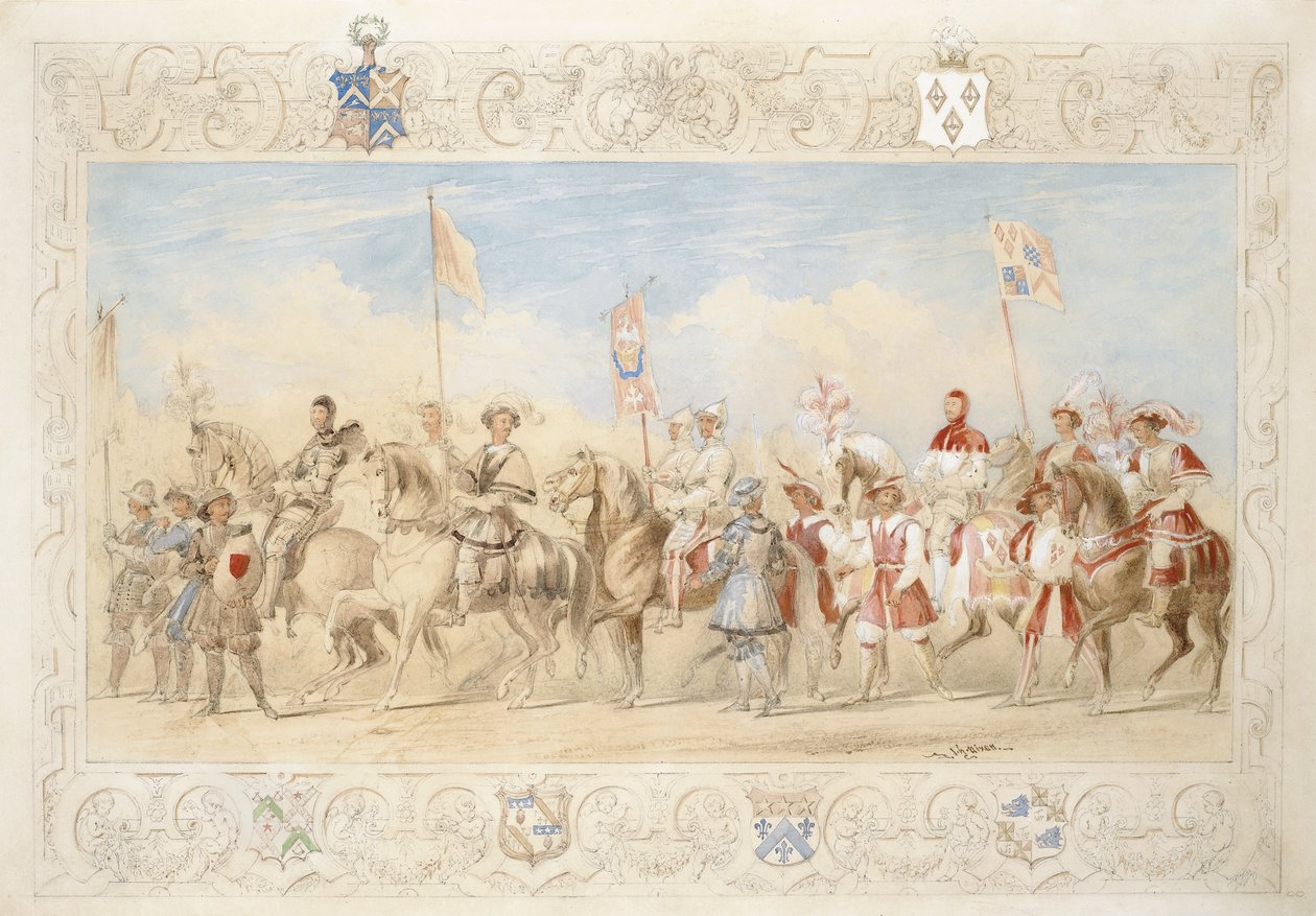 Walter Little Gilmour Esq., The Black Knight and Hon. Edward Stafford Jerningham, Knight of the Swan, 1839 (tužka, kvaš a wc na papíře) od James Henry Nixon