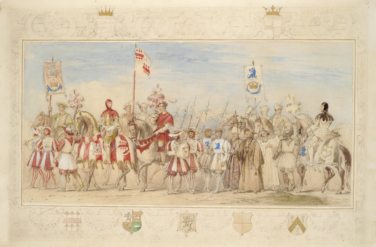 William hrabě z Cravenu, rytíř gryfa a Henry de la Poer Beresford, markýz z Waterfordu, rytíř draka, 1839 (tužka, čb, kvaš a zlatá barva na papíře) (viz také 366230) od James Henry Nixon