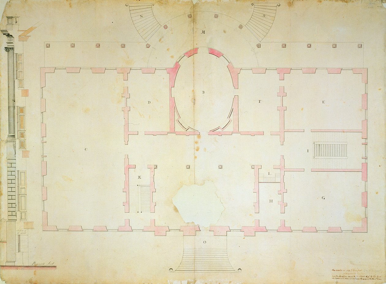 Plán Presidents House, Washington, 1792 (peritura inkoustu a tužka na papíře) od James Hoban