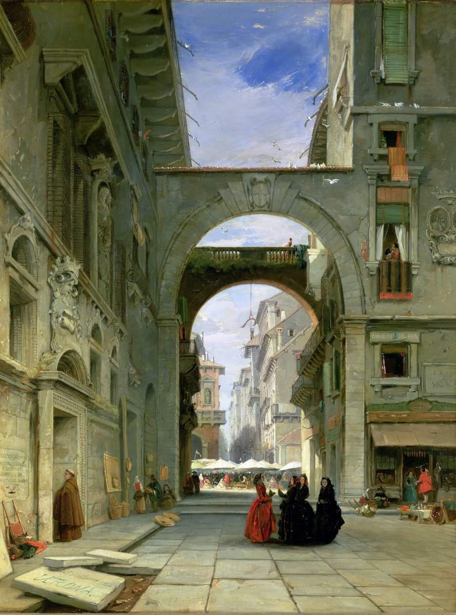Piazza dei Signori ve Veroně s tržištěm, 1844 od James Holland