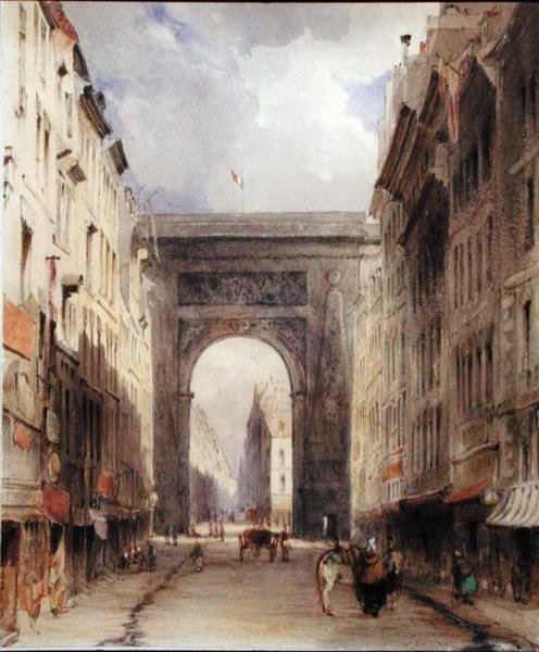 Rue Vivienne a Porte St. Denis, Paříž, kolem roku 1830 (akvarel na papíře) od James Holland