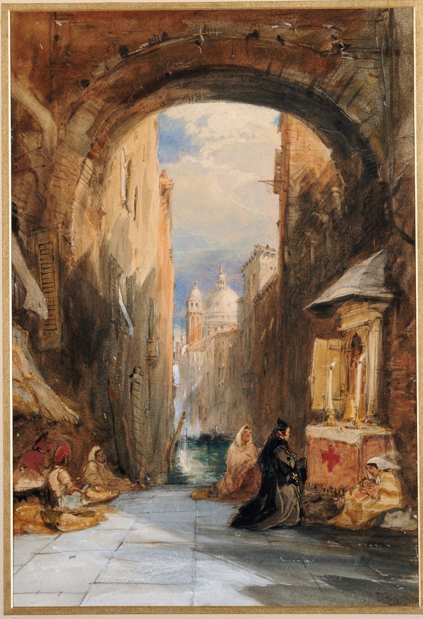 Benátky: Edicola pod obloukem, se Santa Maria della Salute v dálce, 1853 od James Holland