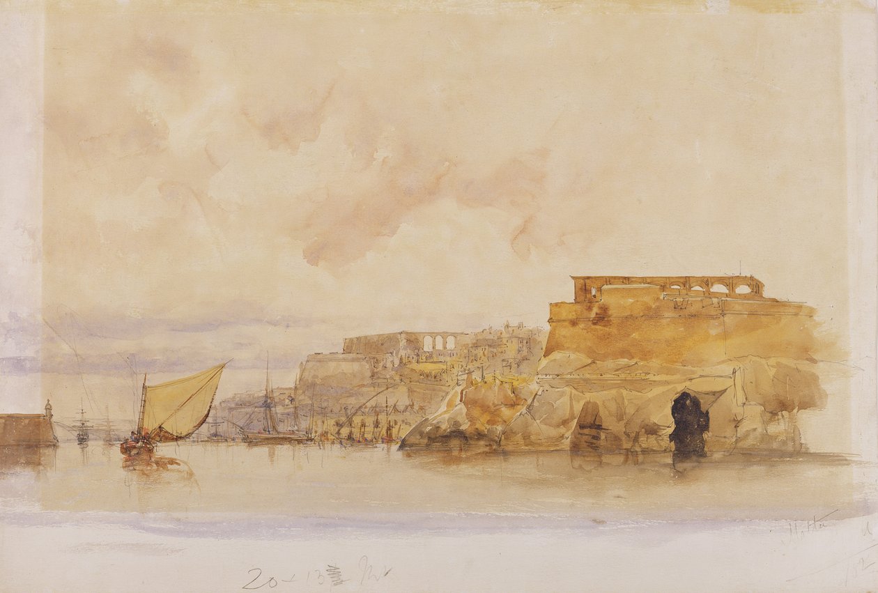 Pohled na Vallettu, Malta (akvarel s barvou těla přes grafit na papíře) od James Holland