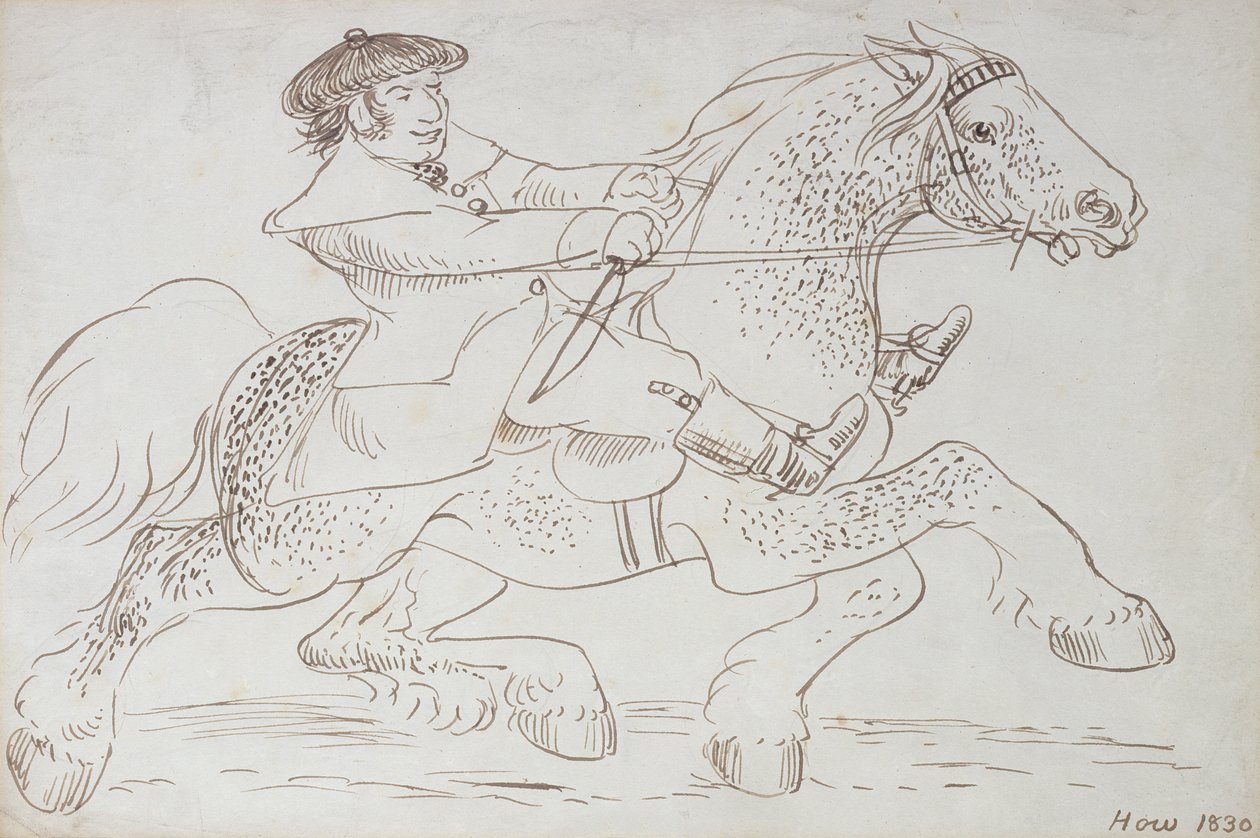 A Horse Dealer Puts A Young Clydesdale Through its Paces, 1830 (sépiový inkoust na papíře) od James Howe