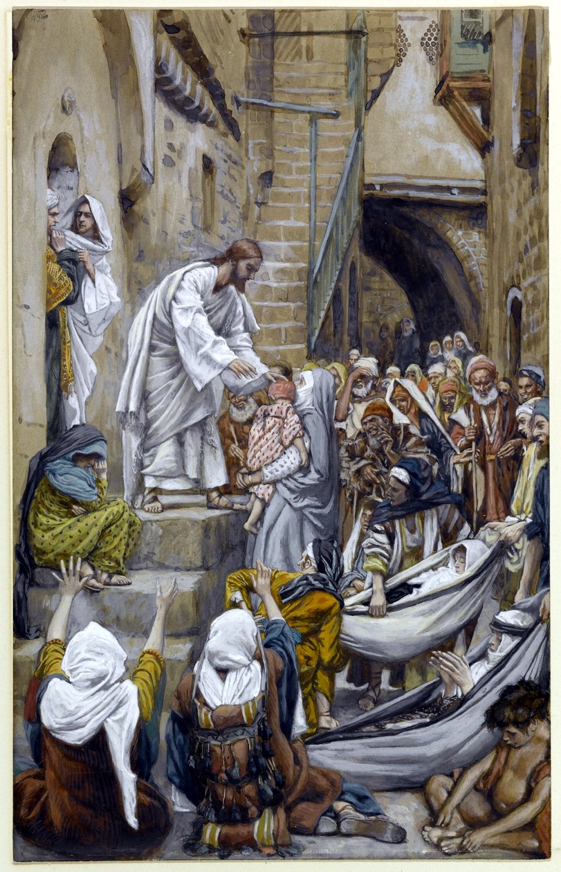 And All the City Was Gathered Together at the Door, ilustrace pro The Life of Christ, c.1884-96 (wc & kvaš na kartonu) od James Jacques Joseph Tissot