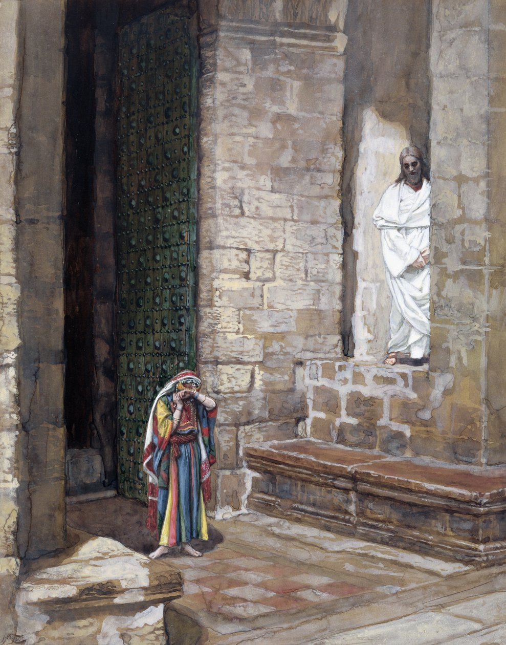 A Ježíš zůstal sám a uprostřed byla žena, ilustrace k Životu Krista, kolem 1886-94 (wc a kvaš na kartonu) od James Jacques Joseph Tissot