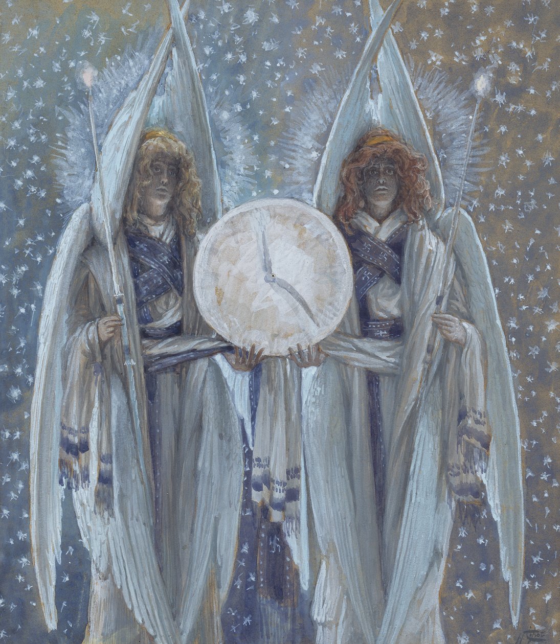 Andělé podporující ciferník, který ukazuje hodiny různých scén umučení, ilustrace pro The Life of Christ, c.1886-94 (wc & kvaš na kartonu) od James Jacques Joseph Tissot