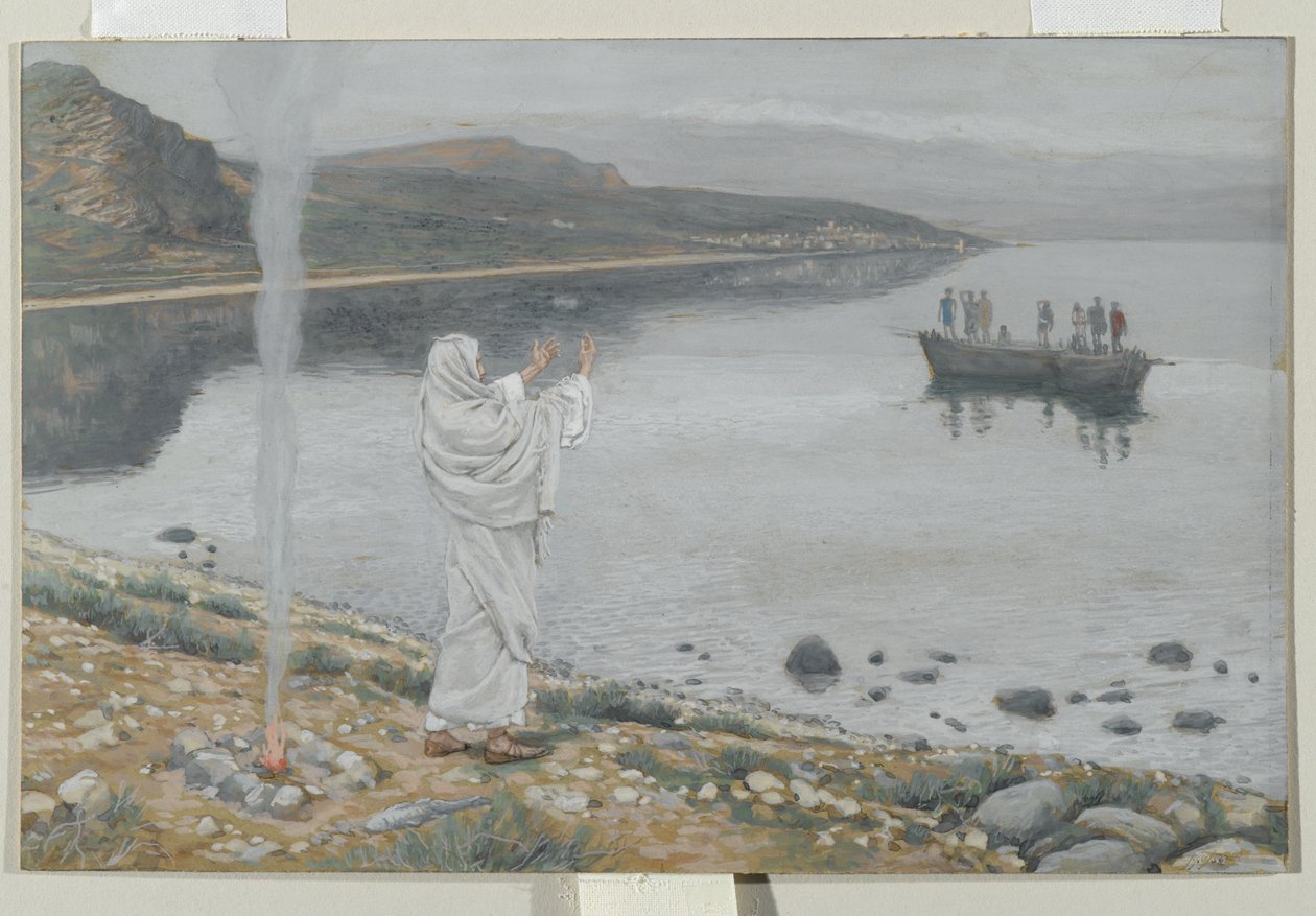 Kristus se objevuje na břehu Tiberiadského jezera, ilustrace ze Života našeho Pána Ježíše Krista, 1886-94 (wc přes grafit na papíře) od James Jacques Joseph Tissot
