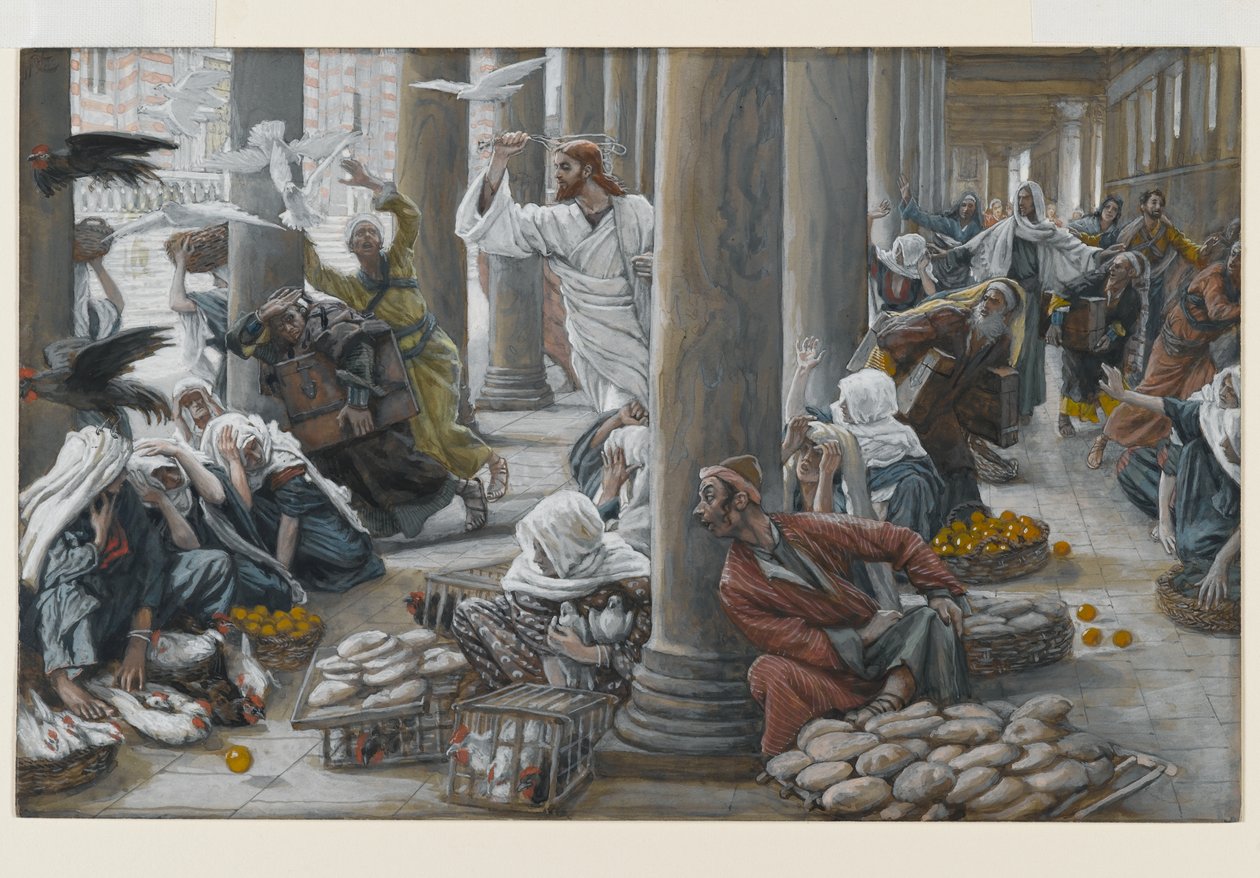 Kristus vyhání je, co prodali a koupili z chrámu, ilustrace pro The Life of Christ, c.1884-96 (wc & kvaš na kartonu) od James Jacques Joseph Tissot