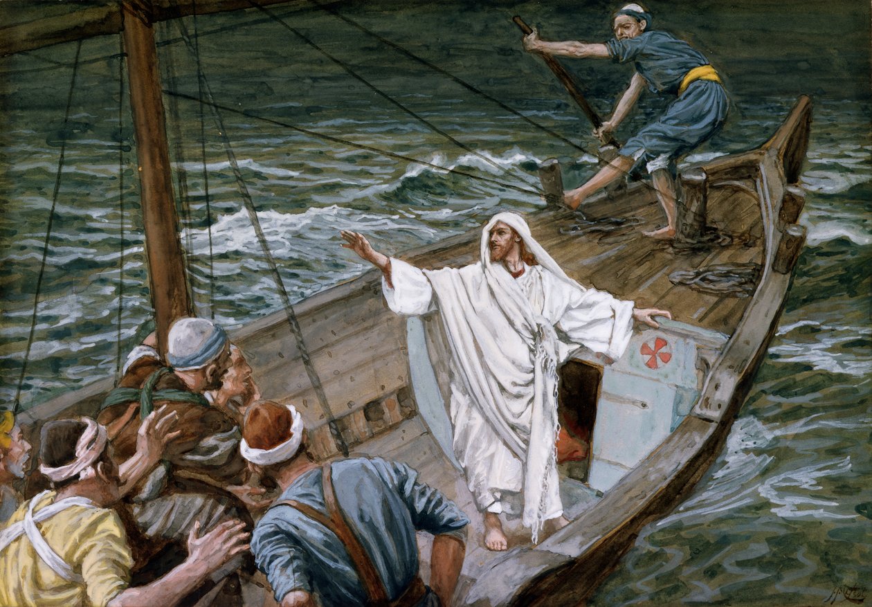 Christ Stilling the Tempest, ilustrace pro The Life of Christ, c.1886-94 (wc & kvaš na kartonu) od James Jacques Joseph Tissot