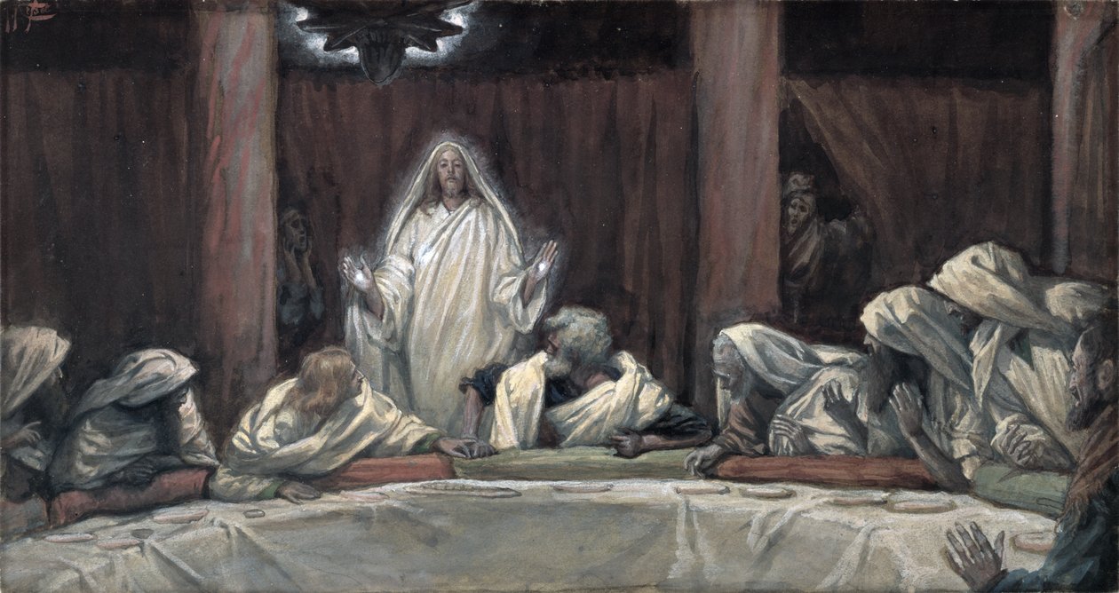 Zjevil se jedenácti, když seděli u masa, ilustrace z The Life of Christ, c.1884-96 (wc & kvaš na kartonu) od James Jacques Joseph Tissot