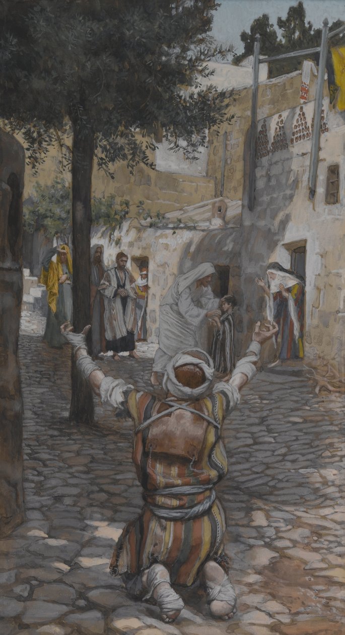 Uzdravení malomocných v Kafarnaum, ilustrace ze Života našeho Pána Ježíše Krista (wc přes grafit na papíře) od James Jacques Joseph Tissot