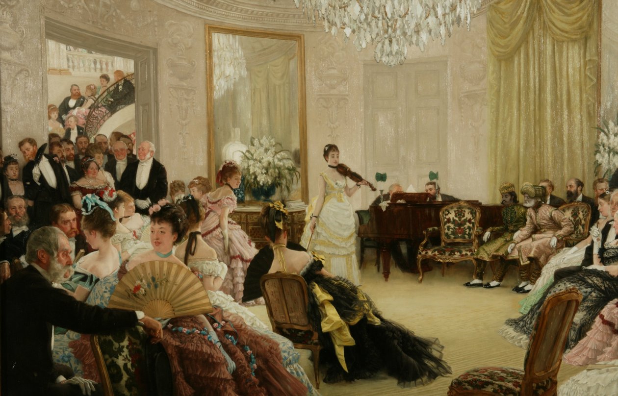 Utišit! (Koncert), kolem roku 1875 (olej na plátně) od James Jacques Joseph Tissot