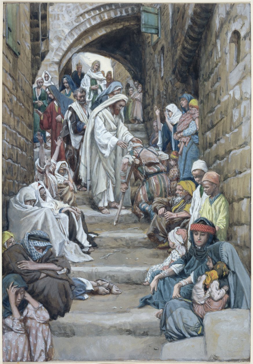 Ve vesnicích mu byli přivedeni nemocní, ilustrace pro Život Krista, kolem 1886-94 (wc a kvaš na kartonu) od James Jacques Joseph Tissot