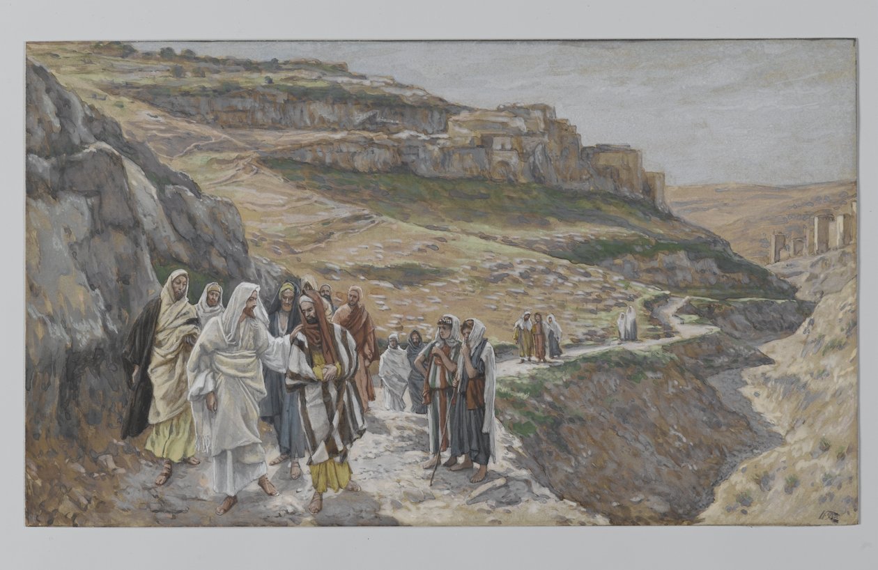 Ježíš mluví se svými učedníky, ilustrace ze Života našeho Pána Ježíše Krista, 1886–96 (wc přes grafit na papíře) od James Jacques Joseph Tissot