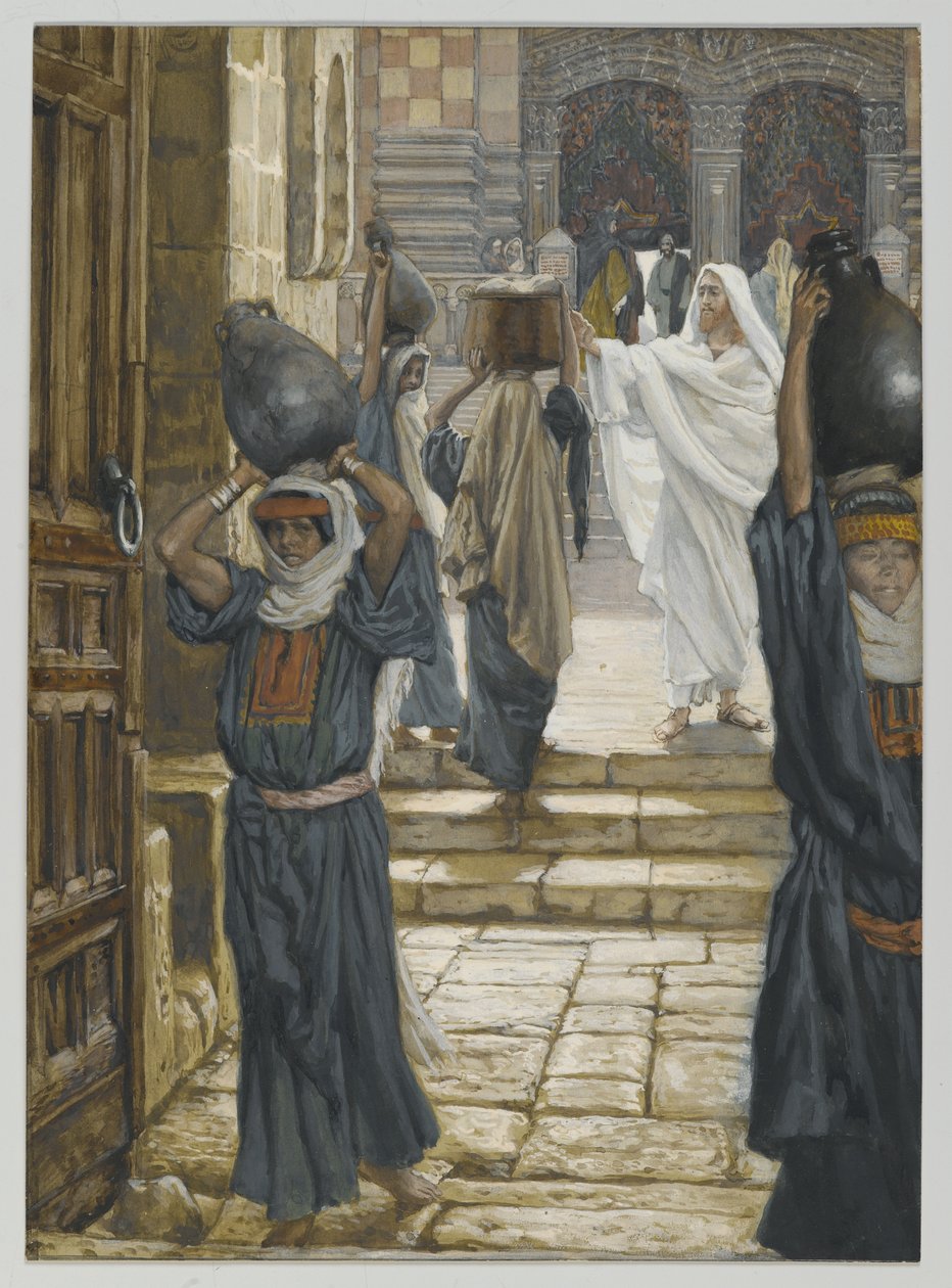 Ježíš zakazuje nošení břemen na nádvoří chrámu, ilustrace ze Života našeho Pána Ježíše Krista, 1886-94 (wc přes grafit na papíře) od James Jacques Joseph Tissot