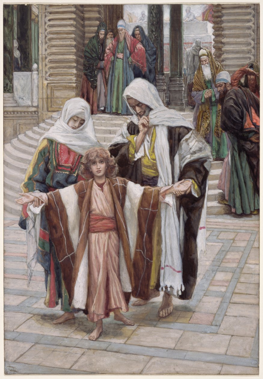 Ježíš nalezen v chrámu, ilustrace pro Život Krista, kolem 1886-94 (wc a kvaš na kartonu) od James Jacques Joseph Tissot