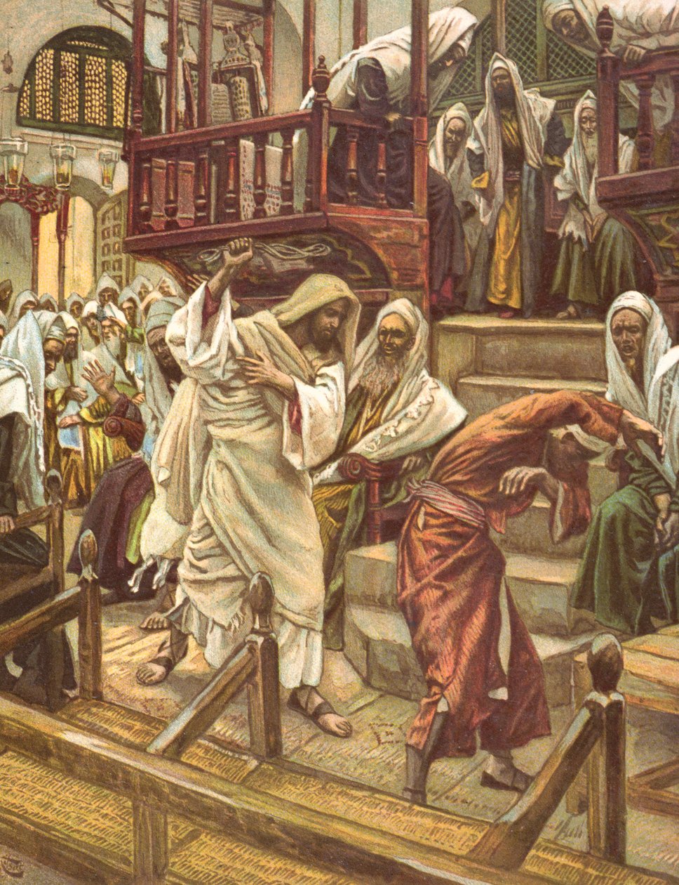 Ježíš uzdravuje muže posedlého démonem v synagoze, ilustrace k „La Vie de notre Seigneur Jesus-Christ“, publikovaná v Tours 1896 od James Jacques Joseph Tissot