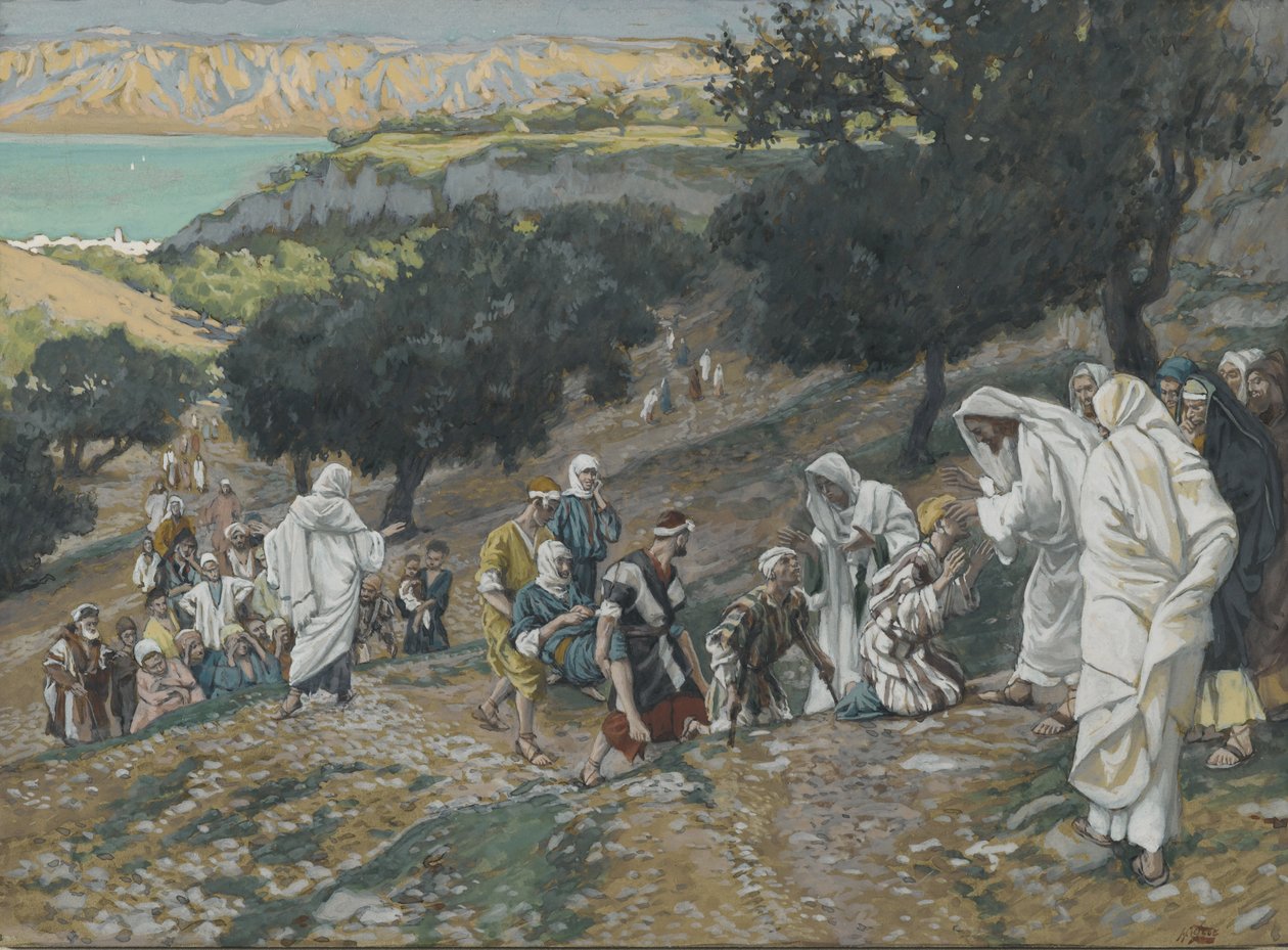Ježíš uzdravuje slepé a chromé na hoře, ilustrace ze Života našeho Pána Ježíše Krista (wc přes grafit na papíře) od James Jacques Joseph Tissot