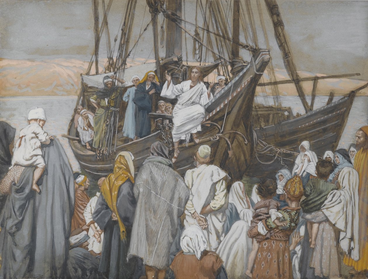 Ježíš káže na lodi, ilustrace ze Života našeho Pána Ježíše Krista (wc přes grafit na papíře) od James Jacques Joseph Tissot