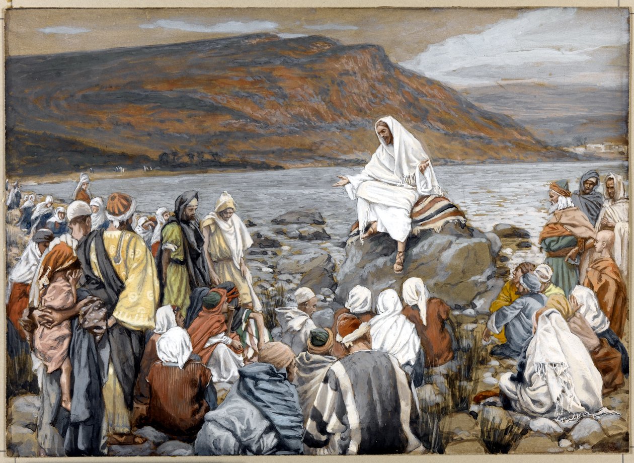 Ježíš učí lidi u moře, ilustrace pro The Life of Christ, c.1886-96 (neprůhledný akvarel přes grafit na šedém tkaném kartonu) od James Jacques Joseph Tissot