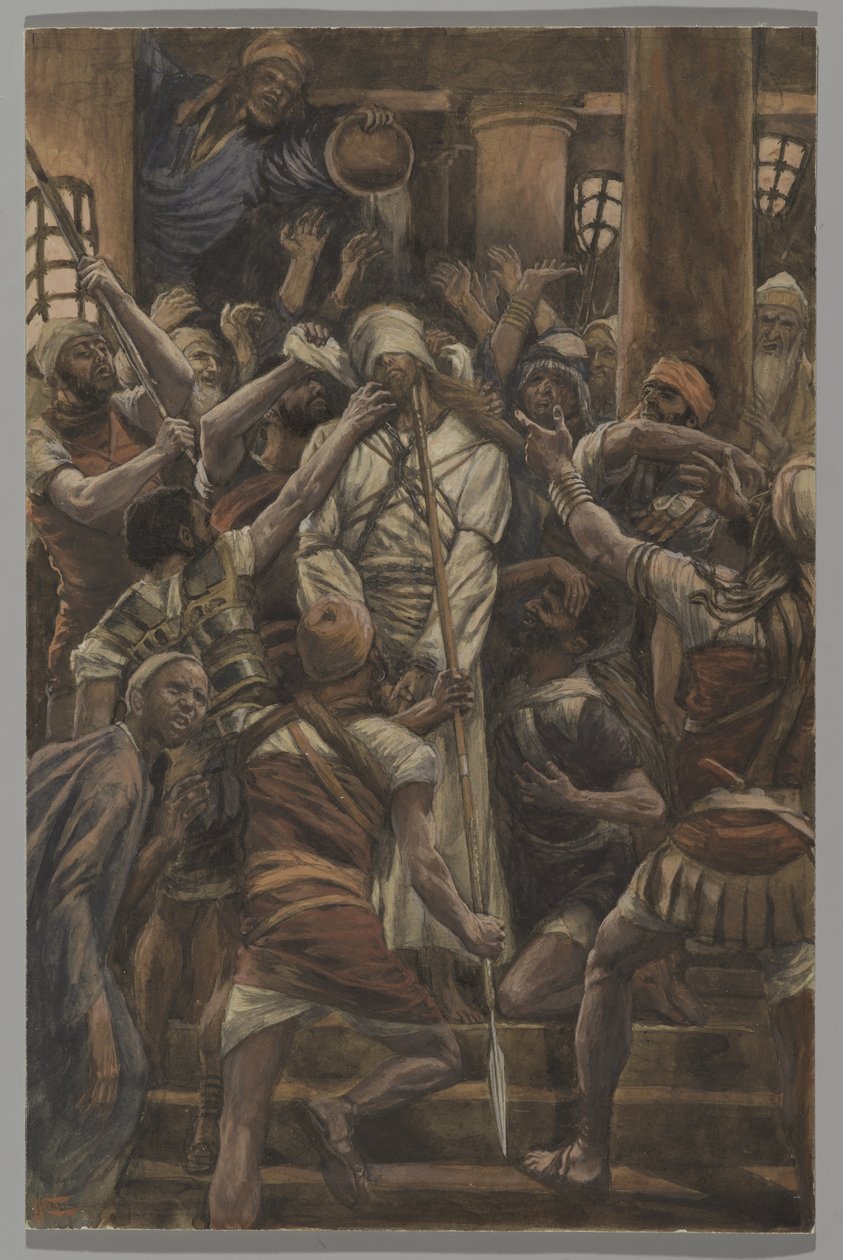Týrání v domě Kaifáše, ilustrace ze Života našeho Pána Ježíše Krista, 1886-94 (wc přes grafit na papíře) od James Jacques Joseph Tissot