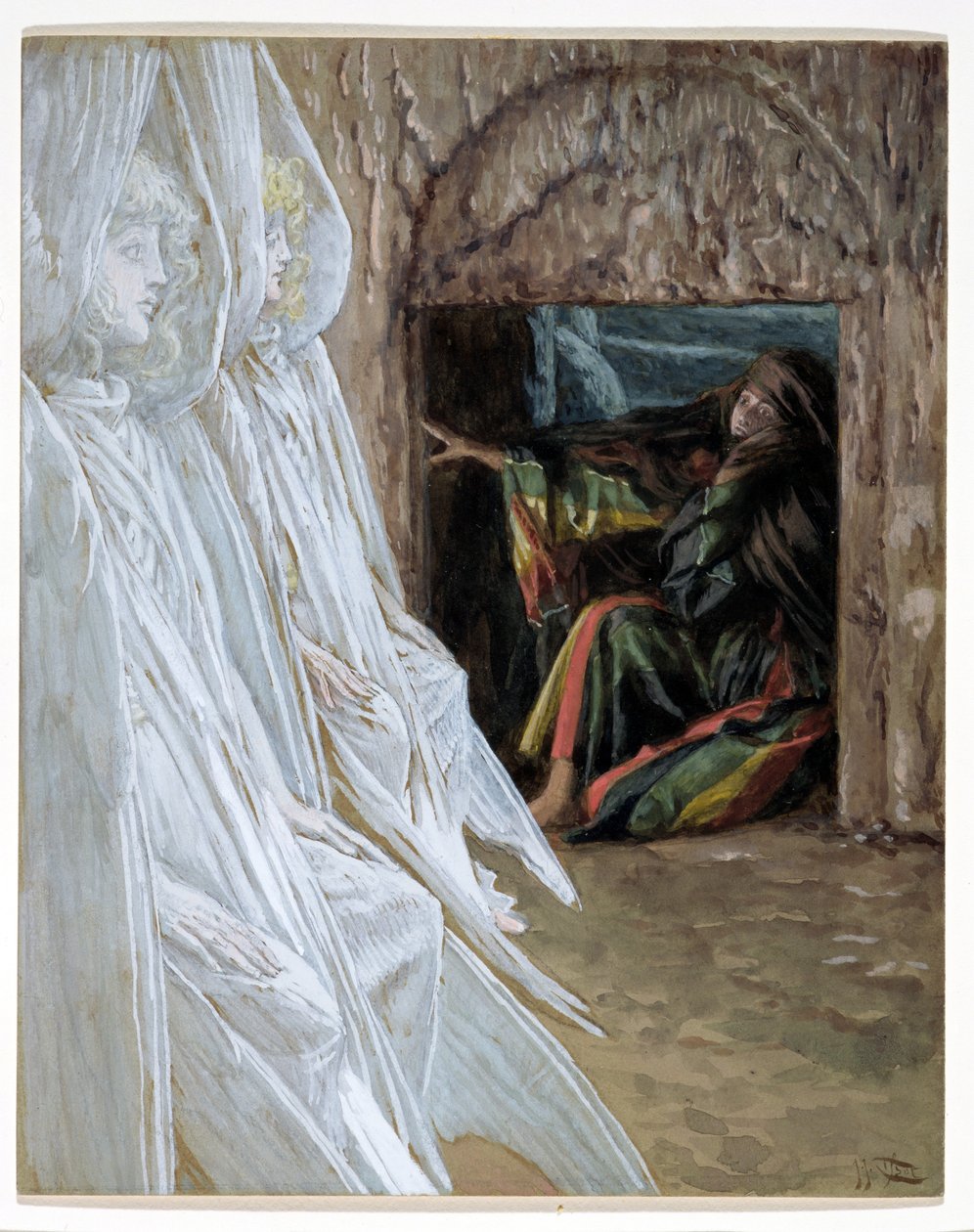 Marie Magdalena zpochybňuje anděly v hrobě, ilustrace pro Život Krista, kolem 1886-94 (wc a kvaš na kartonu) od James Jacques Joseph Tissot