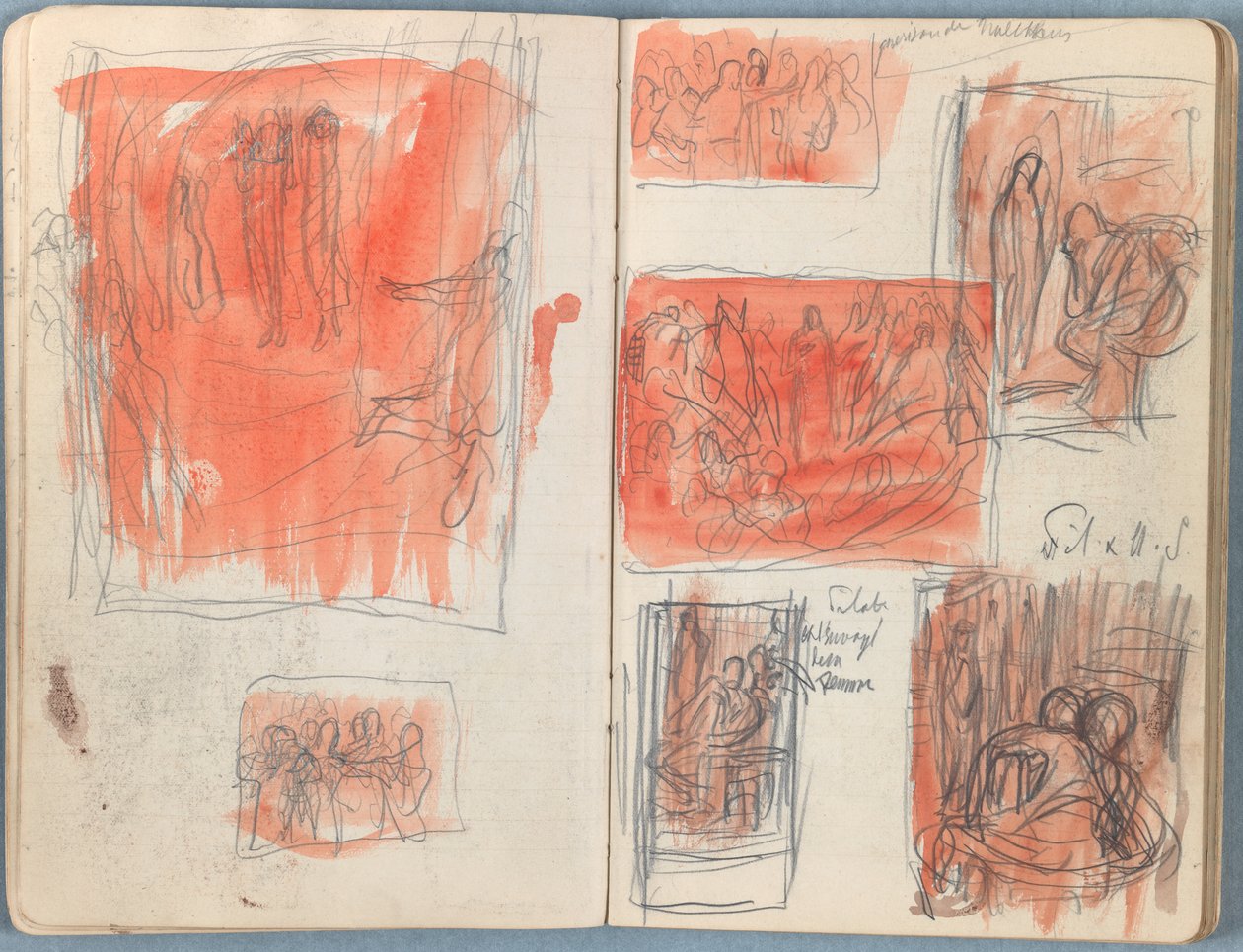 Stránky z alba Sketches for The Life of Our Lord Jesus Christ, pozdní 80. léta 19. století (grafit a praní na papíře) od James Jacques Joseph Tissot