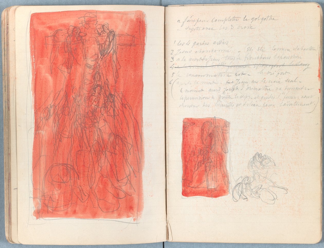 Stránky z alba Sketches for The Life of Our Lord Jesus Christ, pozdní 80. léta 19. století (grafit a praní na papíře) od James Jacques Joseph Tissot