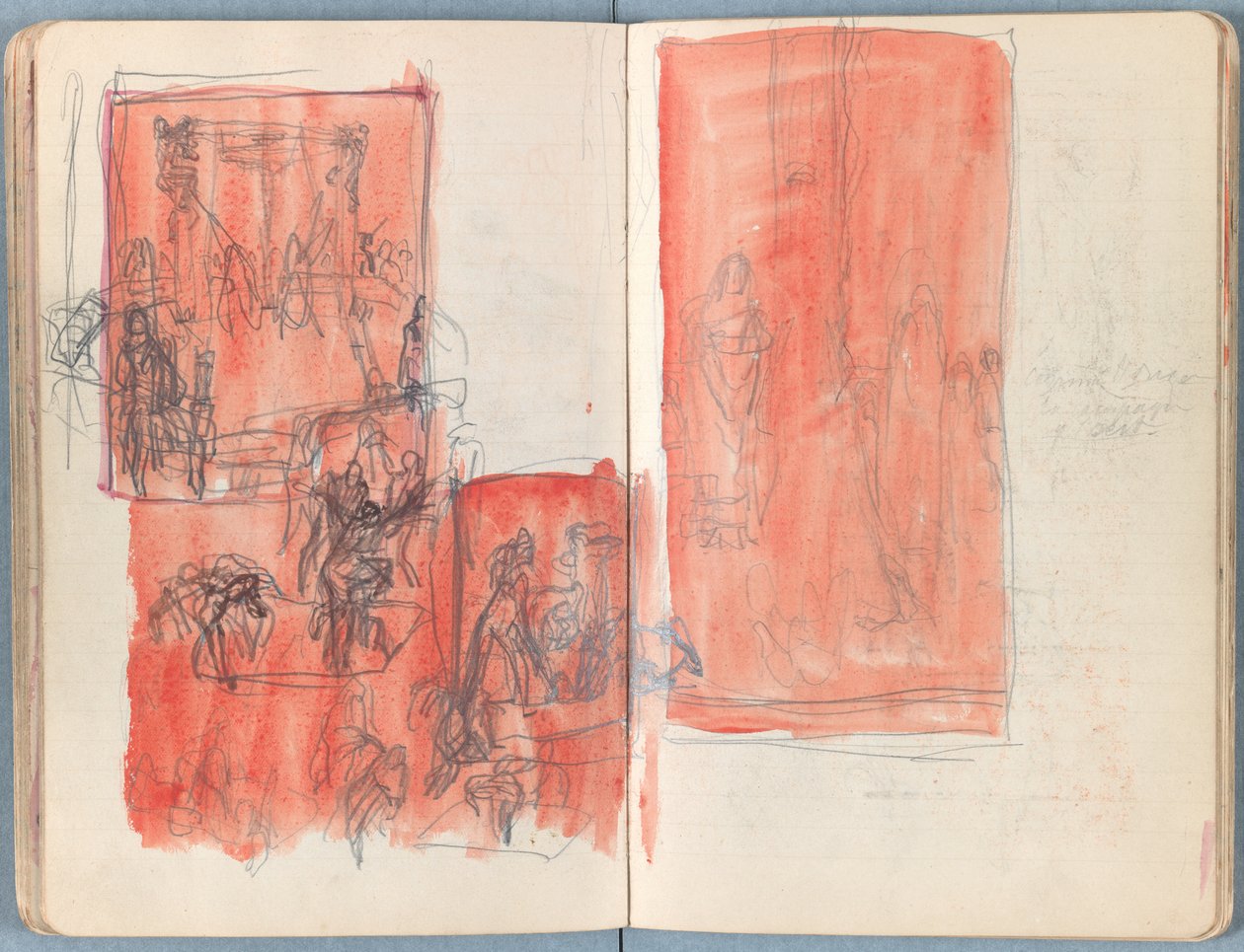 Stránky z alba Sketches for The Life of Our Lord Jesus Christ, pozdní 80. léta 19. století (grafit a praní na papíře) od James Jacques Joseph Tissot