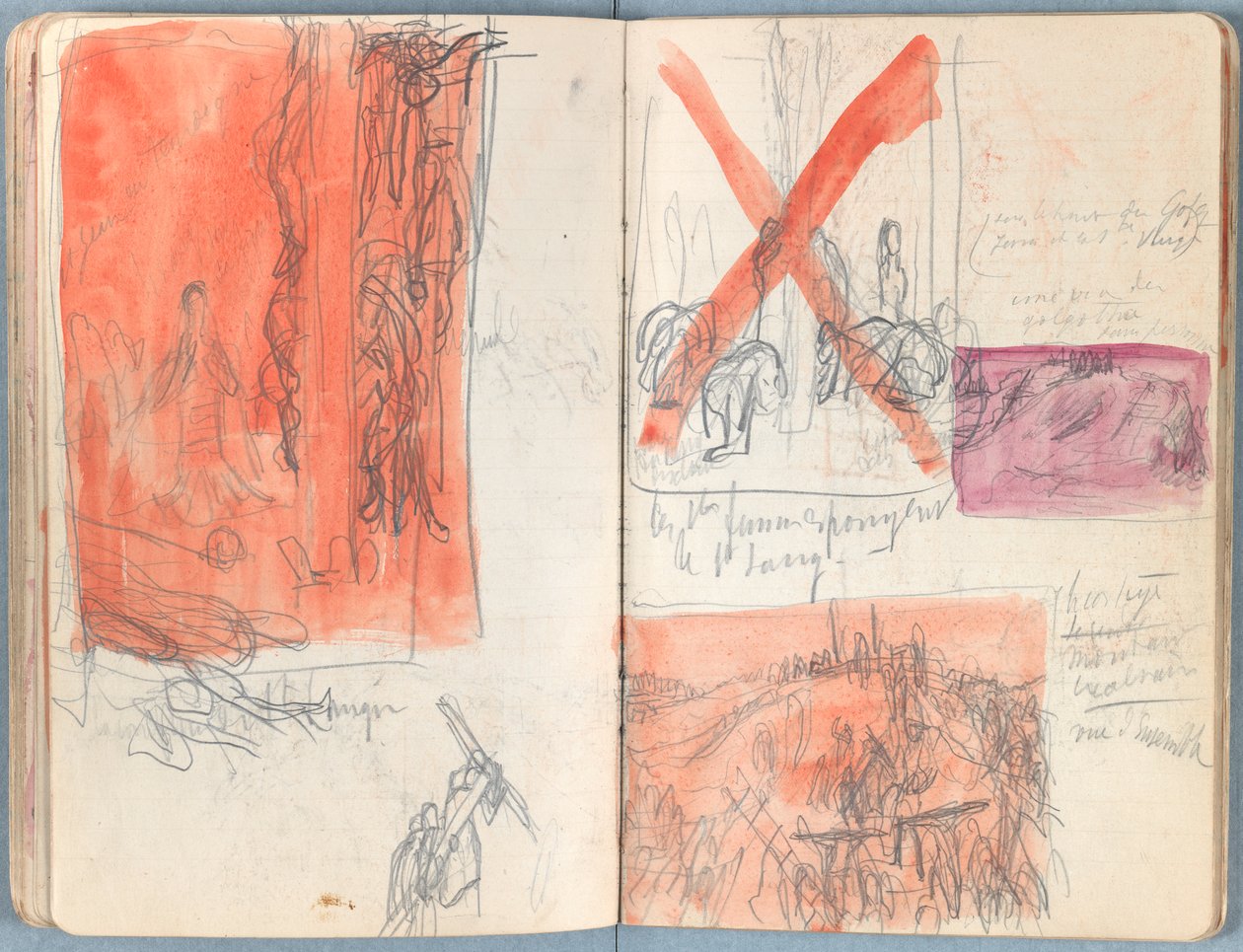 Stránky z alba Sketches for The Life of Our Lord Jesus Christ, pozdní 80. léta 19. století (grafit a praní na papíře) od James Jacques Joseph Tissot