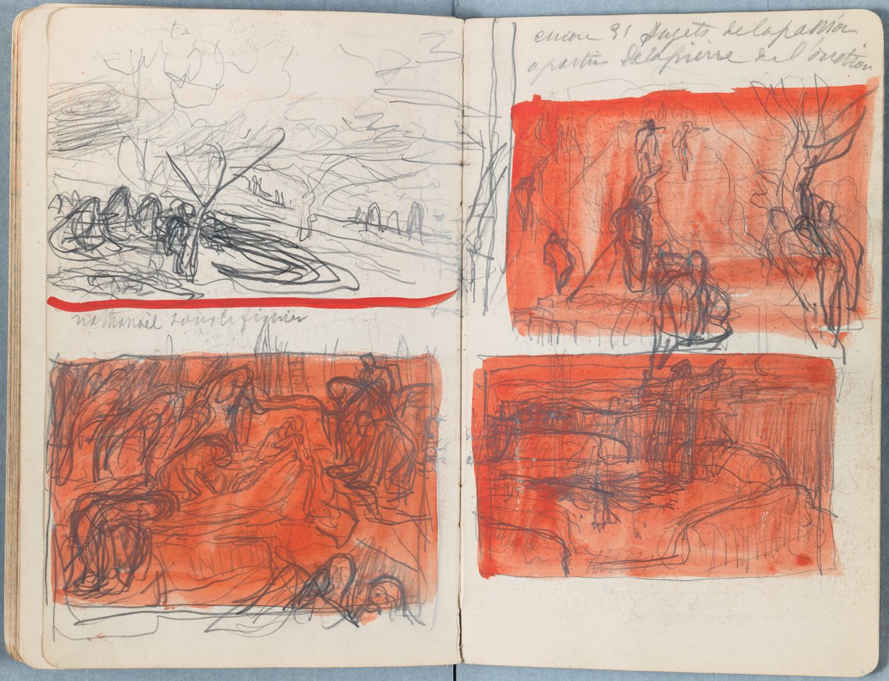 Stránky z alba Sketches for The Life of Our Lord Jesus Christ, pozdní 80. léta 19. století (grafit a praní na papíře) od James Jacques Joseph Tissot