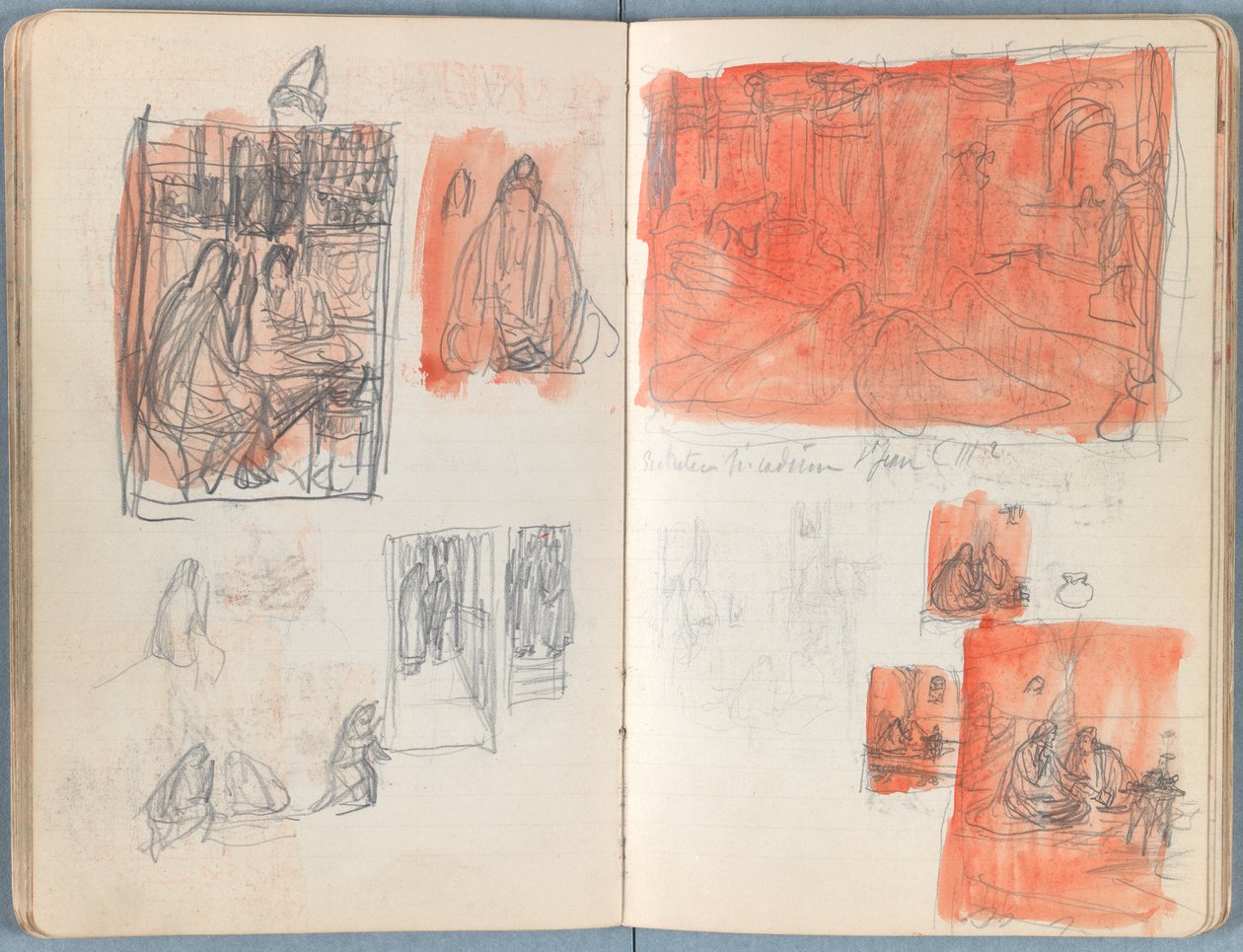 Stránky z alba Sketches for The Life of Our Lord Jesus Christ, pozdní 80. léta 19. století (grafit a praní na papíře) od James Jacques Joseph Tissot