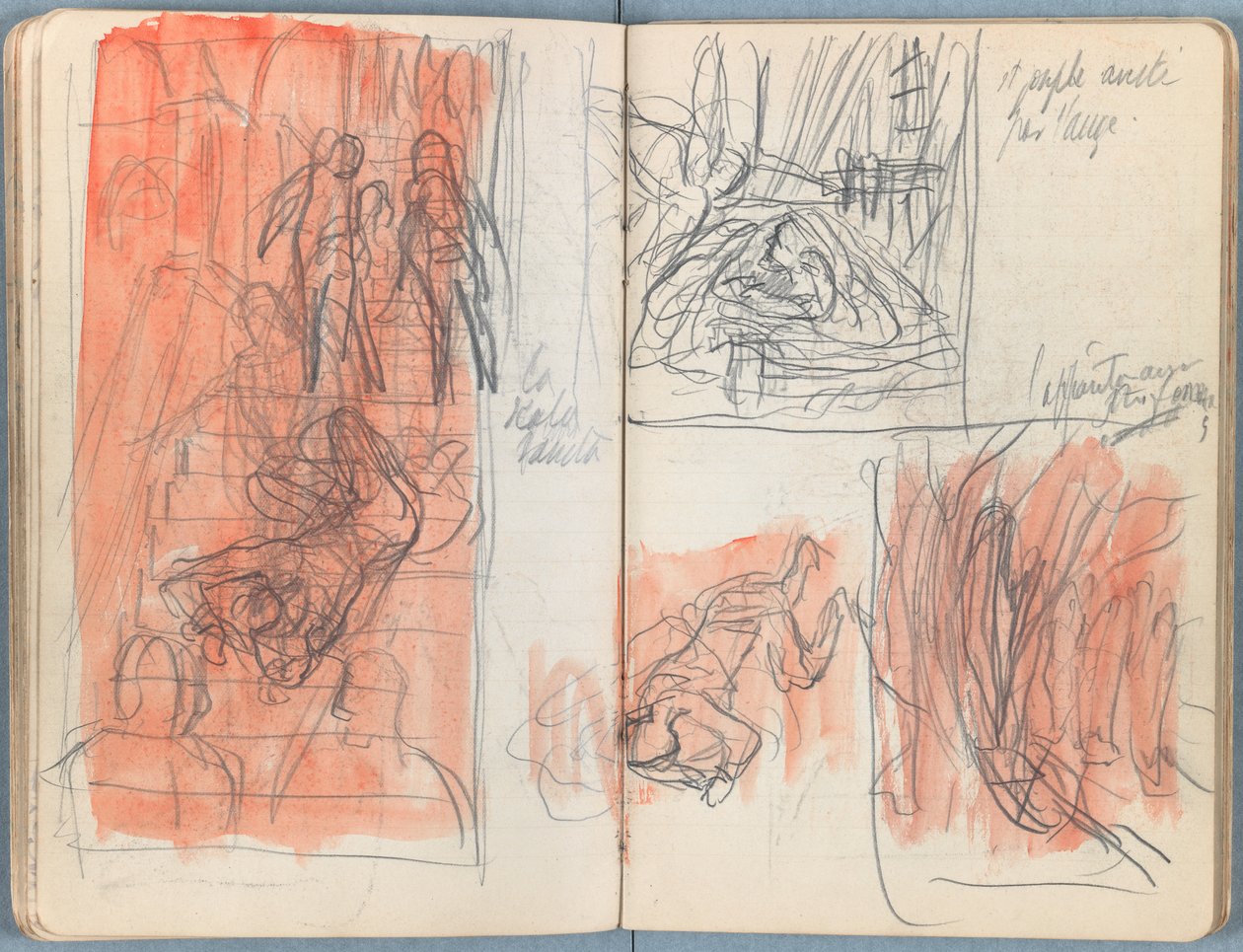 Stránky z alba Sketches for The Life of Our Lord Jesus Christ, pozdní 80. léta 19. století (grafit a praní na papíře) od James Jacques Joseph Tissot