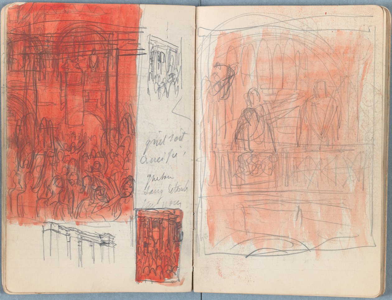 Stránky z alba Sketches for The Life of Our Lord Jesus Christ, pozdní 80. léta 19. století (grafit a praní na papíře) od James Jacques Joseph Tissot