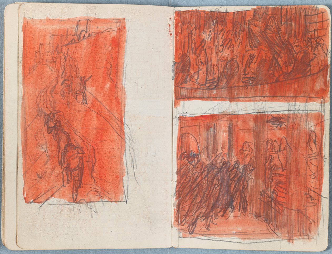 Stránky z alba Sketches for The Life of Our Lord Jesus Christ, pozdní 80. léta 19. století (grafit a praní na papíře) od James Jacques Joseph Tissot