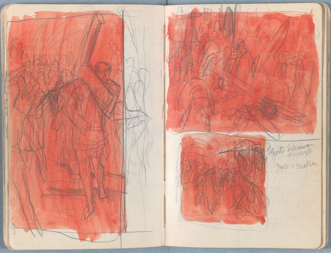 Stránky z alba Sketches for The Life of Our Lord Jesus Christ, pozdní 80. léta 19. století (grafit a praní na papíře) od James Jacques Joseph Tissot
