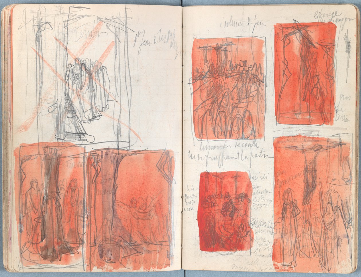 Stránky z alba Sketches for The Life of Our Lord Jesus Christ, pozdní 80. léta 19. století (grafit a praní na papíře) od James Jacques Joseph Tissot