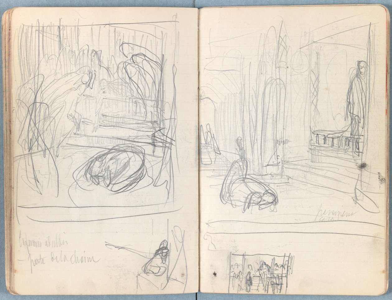 Stránky z alba Sketches for The Life of Our Lord Jesus Christ, pozdní 80. léta 19. století (grafit a praní na papíře) od James Jacques Joseph Tissot