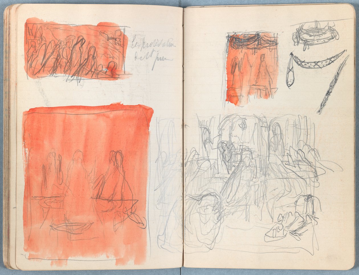 Stránky z alba Sketches for The Life of Our Lord Jesus Christ, pozdní 80. léta 19. století (grafit a praní na papíře) od James Jacques Joseph Tissot
