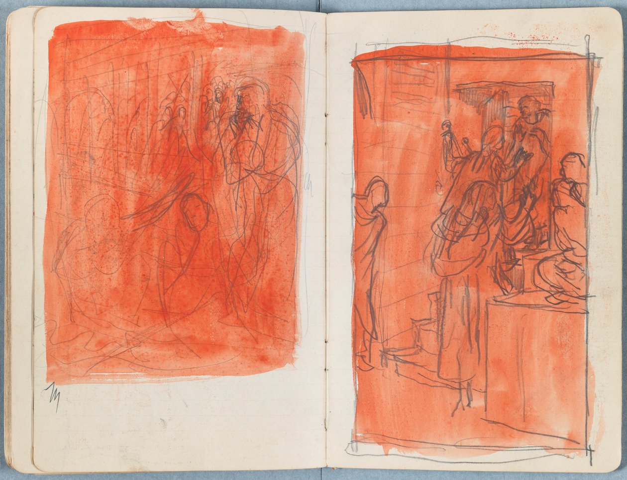 Stránky z alba Sketches for The Life of Our Lord Jesus Christ, pozdní 80. léta 19. století (grafit a praní na papíře) od James Jacques Joseph Tissot