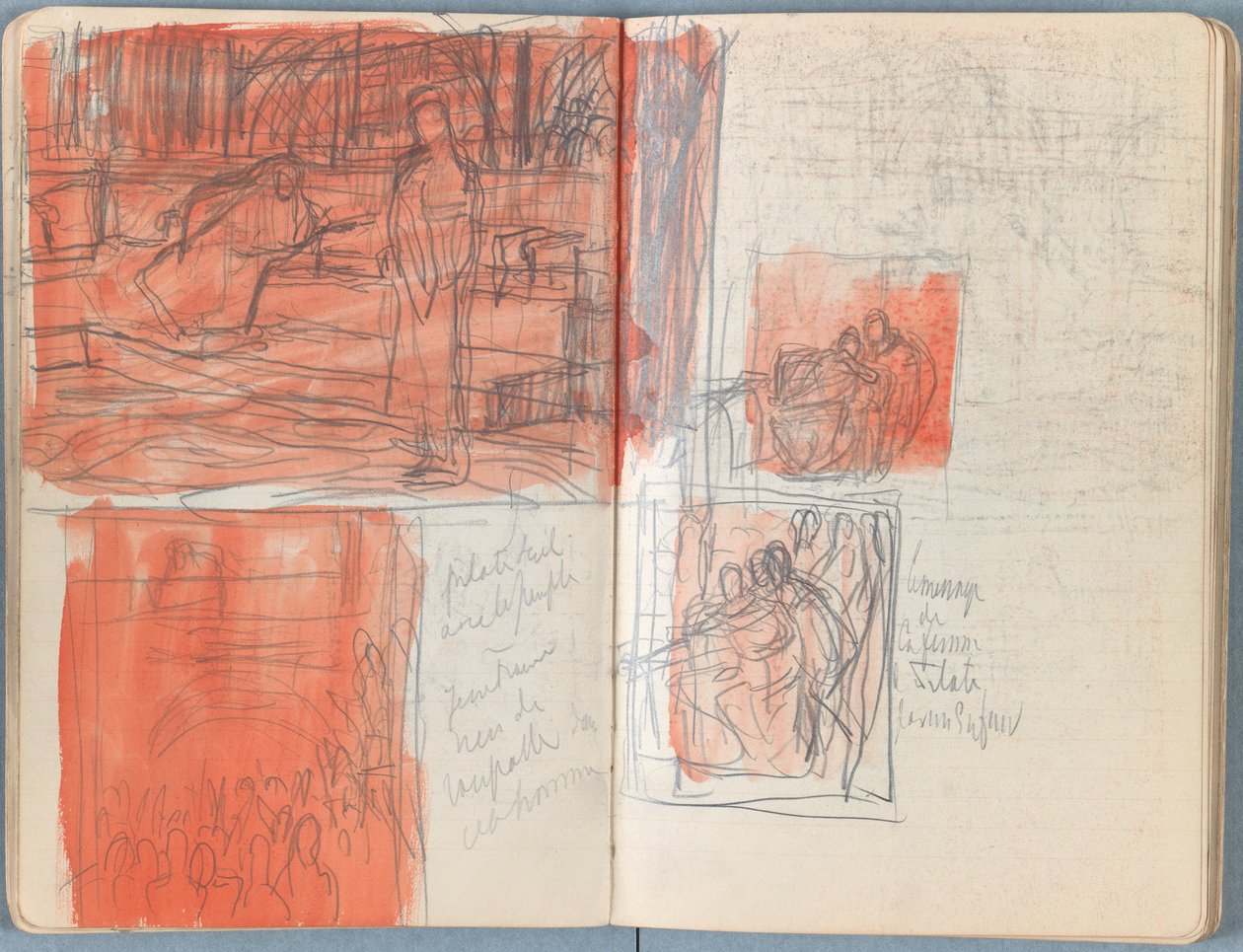 Stránky z alba Sketches for The Life of Our Lord Jesus Christ, pozdní 80. léta 19. století (grafit a praní na papíře) od James Jacques Joseph Tissot