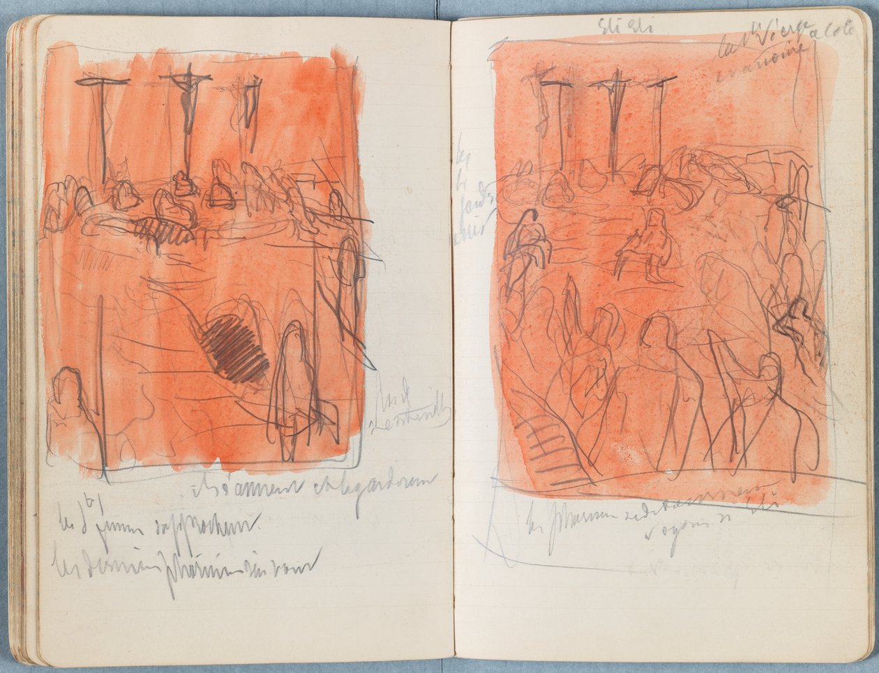 Stránky z alba Sketches for The Life of Our Lord Jesus Christ, pozdní 80. léta 19. století (grafit a praní na papíře) od James Jacques Joseph Tissot