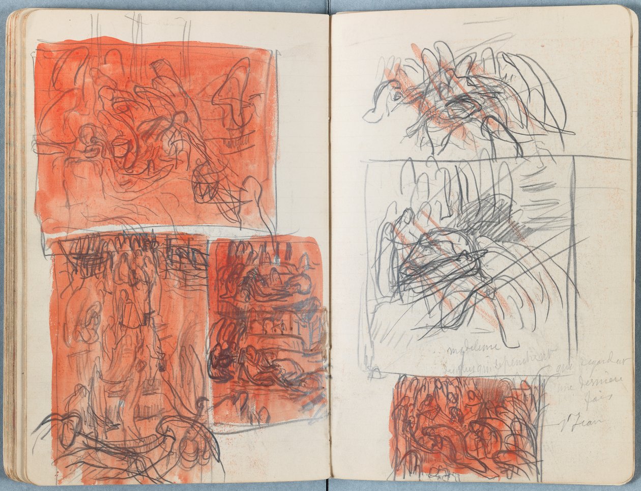 Stránky z alba Sketches for The Life of Our Lord Jesus Christ, pozdní 80. léta 19. století (grafit a praní na papíře) od James Jacques Joseph Tissot
