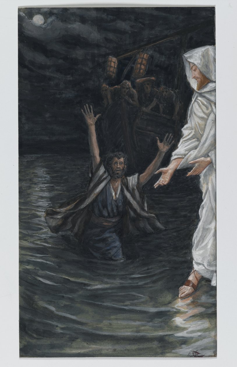 Svatý Petr chodí po moři, ilustrace ze Života našeho Pána Ježíše Krista (wc přes grafit na papíře) od James Jacques Joseph Tissot
