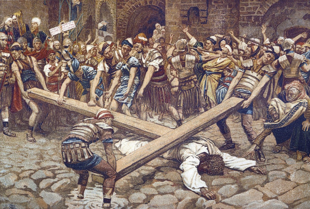 Simon de Cyrene Síla nosit kříž – Šimon z Kyrény přinucen nést kříž – z „“Života našeho Pána Ježíše Krista““ – 1899 od Jamese Tissota – La vie de notre seigneur Jesus Christ, od Jacquese Josepha (Jacques Joseph ) Tissot dit James Tissot ( od James Jacques Joseph Tissot