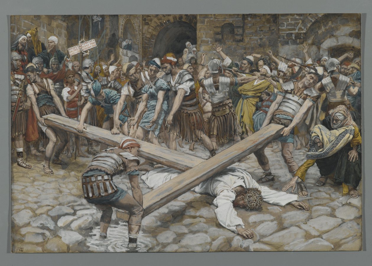 Šimon Kyrénský přinucen nést kříž s Ježíšem, ilustrace ze Života našeho Pána Ježíše Krista, 1886-94 (wc přes grafit na papíře) od James Jacques Joseph Tissot
